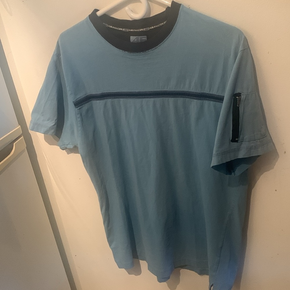 Stellar 2 Tone Sky Blue 100% Cotton Tshirt w/ Navy Blue Trim and Zipper Sleeve